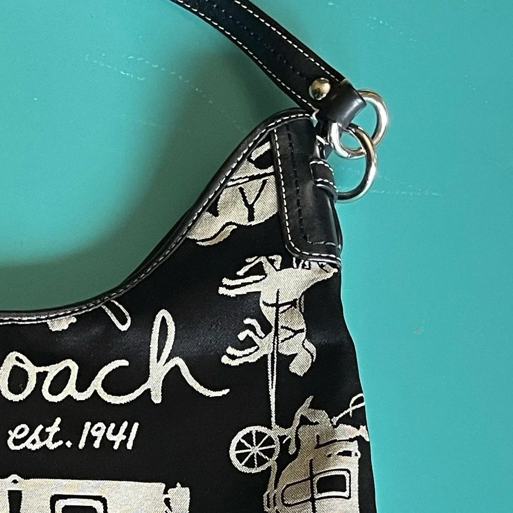Coach Black and Silver Signature Carriage Hobo Bag Tan Classic Logo leather trim